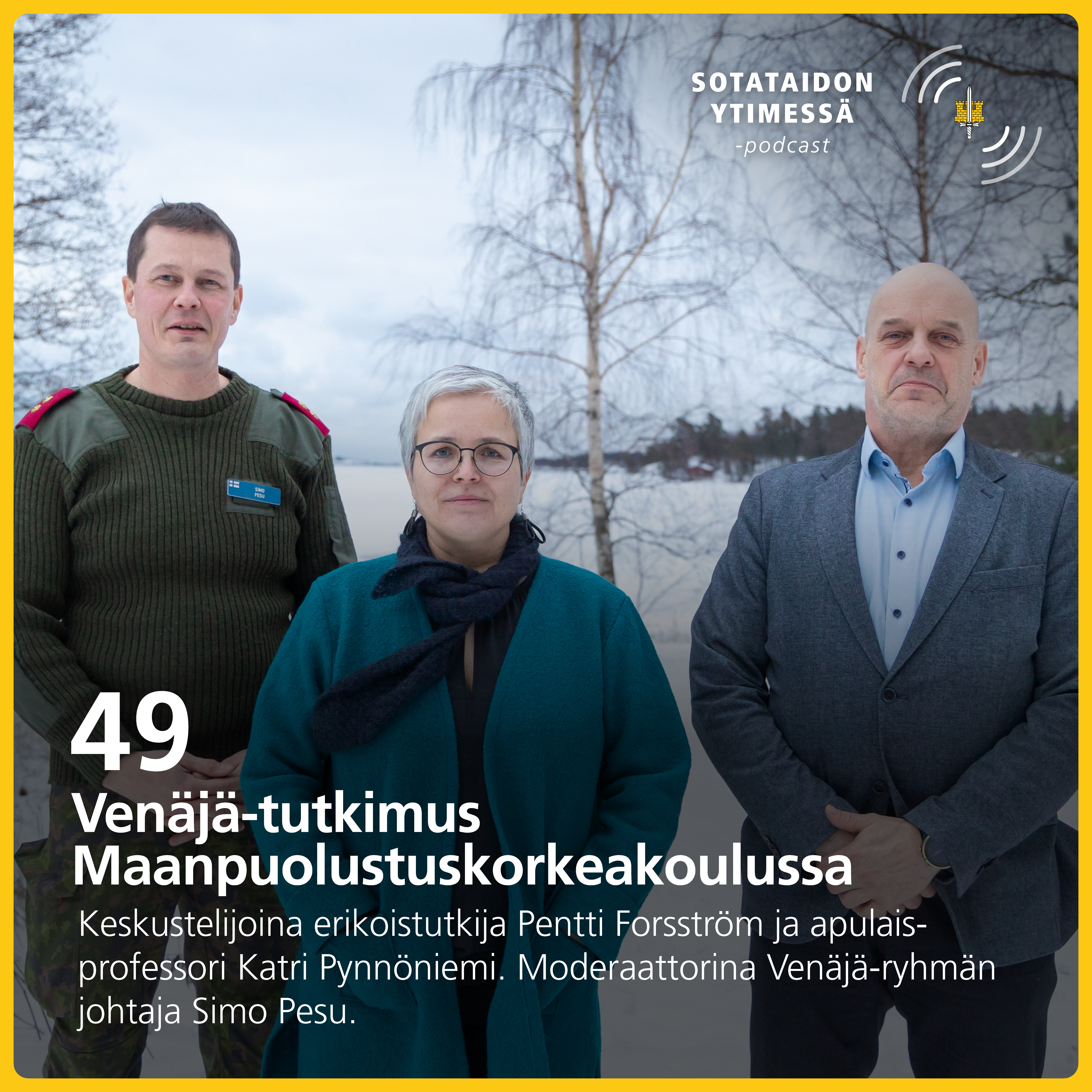 Podcastin kansikuva koostuu podcastin jakson nimestä sekä keskustelijoiden ryhmäkuvasta.