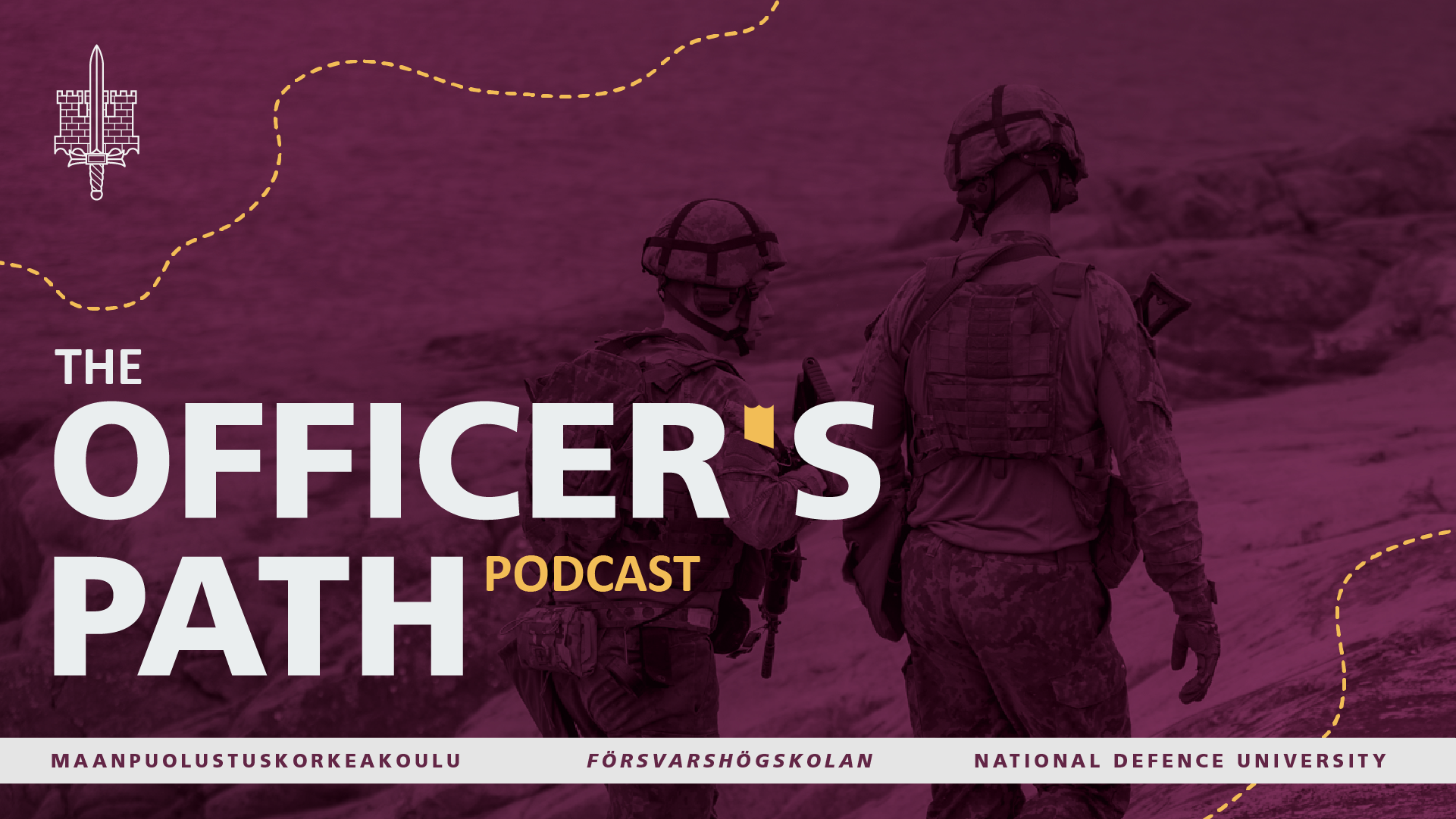 The Officer's Path -podcastin kansikuva. Tyylitelty kuva kahdesta sotilaasta ja päällä podcastin nimi.