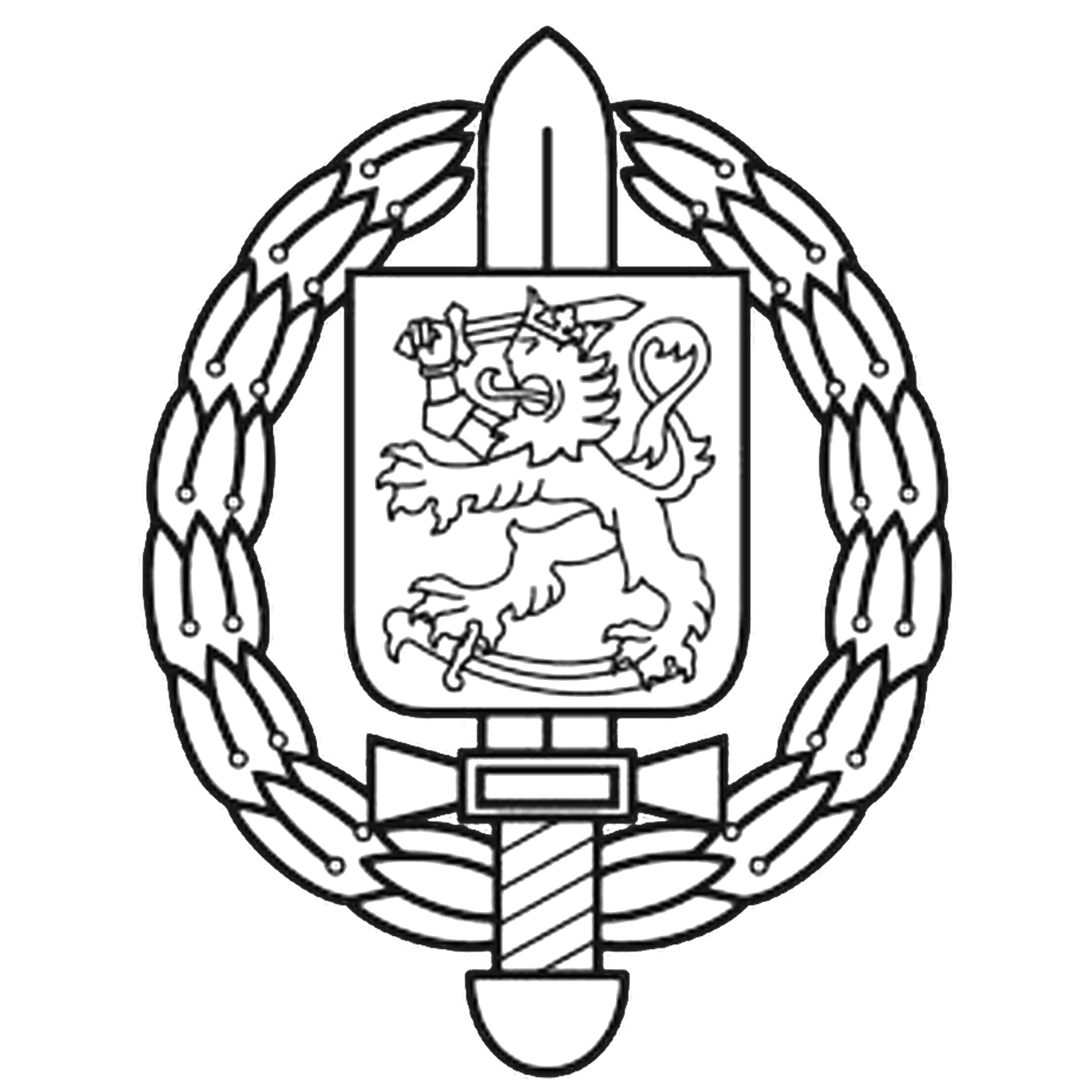 Krigsmuseets logo som avbildar Finlands lejon ovanpå ett svärd i en dekorativ ram