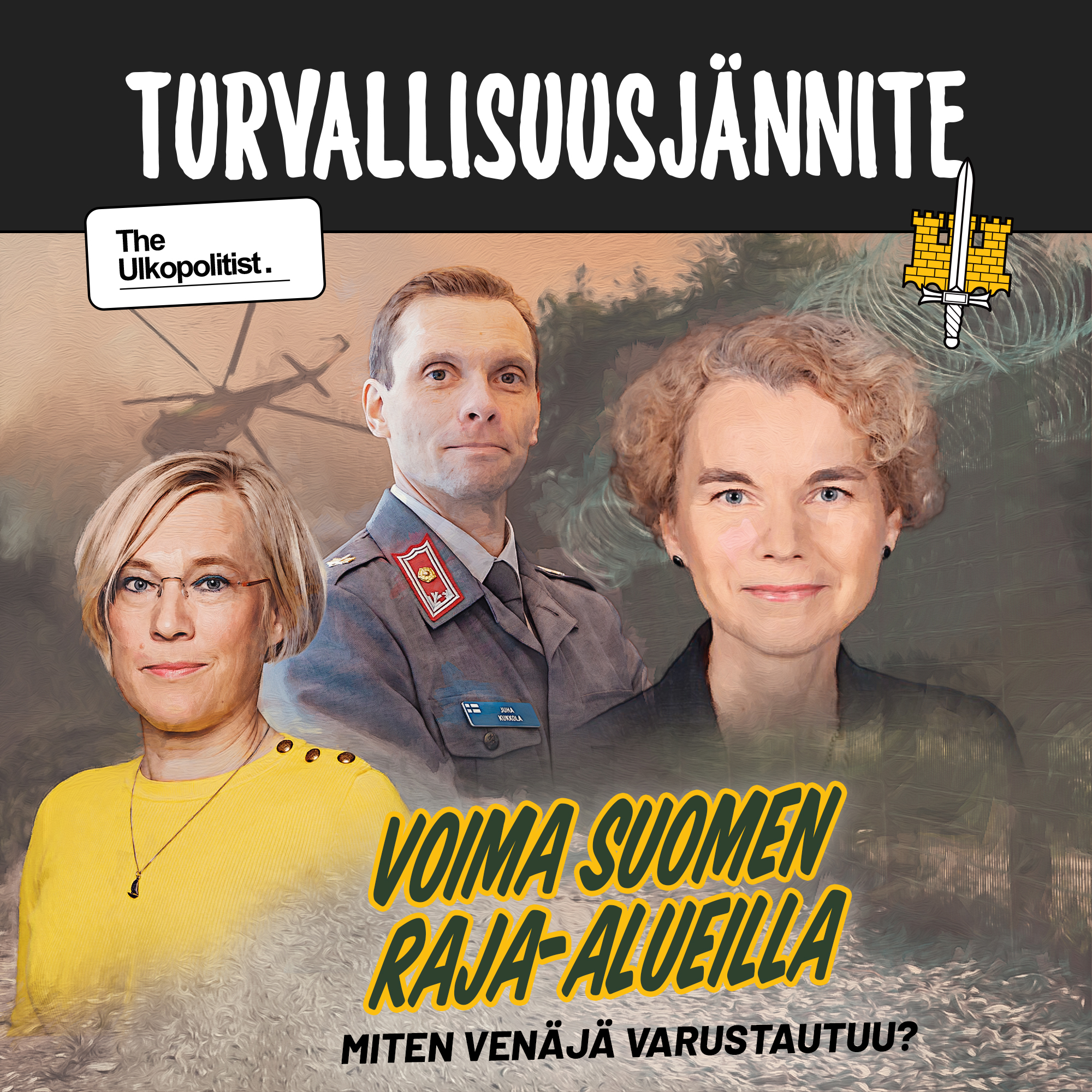 Jakson kansikuva koostuu haastateltavien potrettikuvista tyylitellyllä taustalla sekä podcastin ja jakson nimestä.