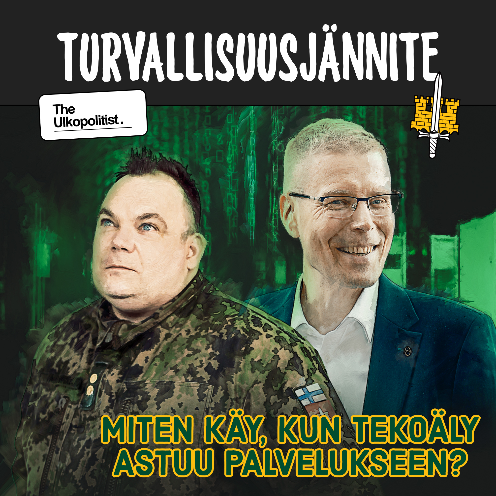 Jakson kansikuva koostuu haastateltavien potrettikuvista tyylitellyllä taustalla sekä podcastin ja jakson nimestä.