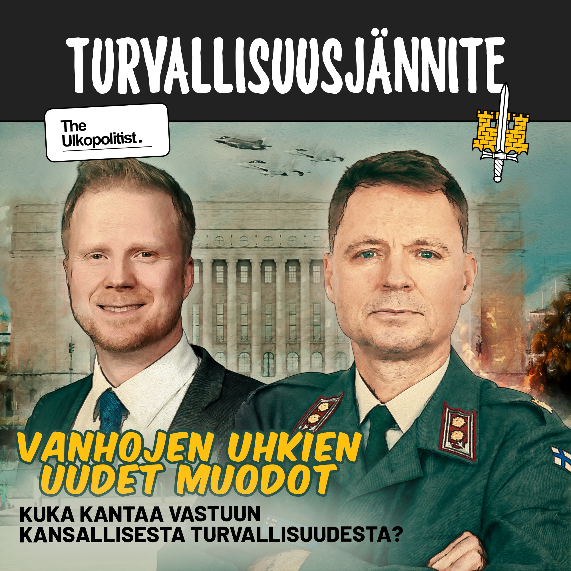 Jakson kansikuva koostuu haastateltavien potrettikuvista tyylitellyllä taustalla sekä podcastin ja jakson nimestä.