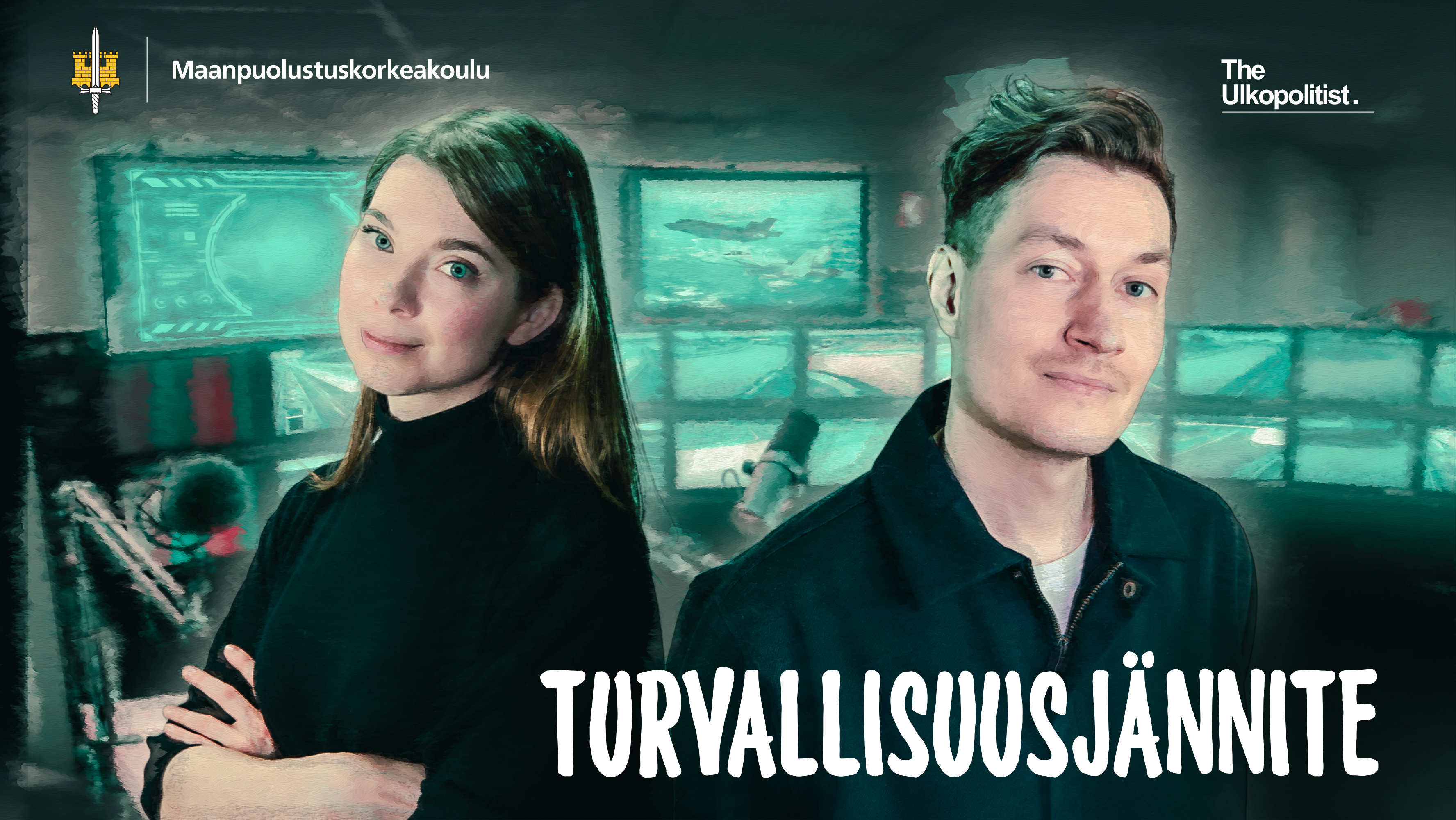 Turvallisuusjännite -podcastin kansikuva, jossa esiintyvät ohjelman juontajat.