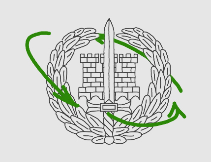 Maanpuolustuskorkeakoulun logo jonka ympärillä vihreitä nuolia