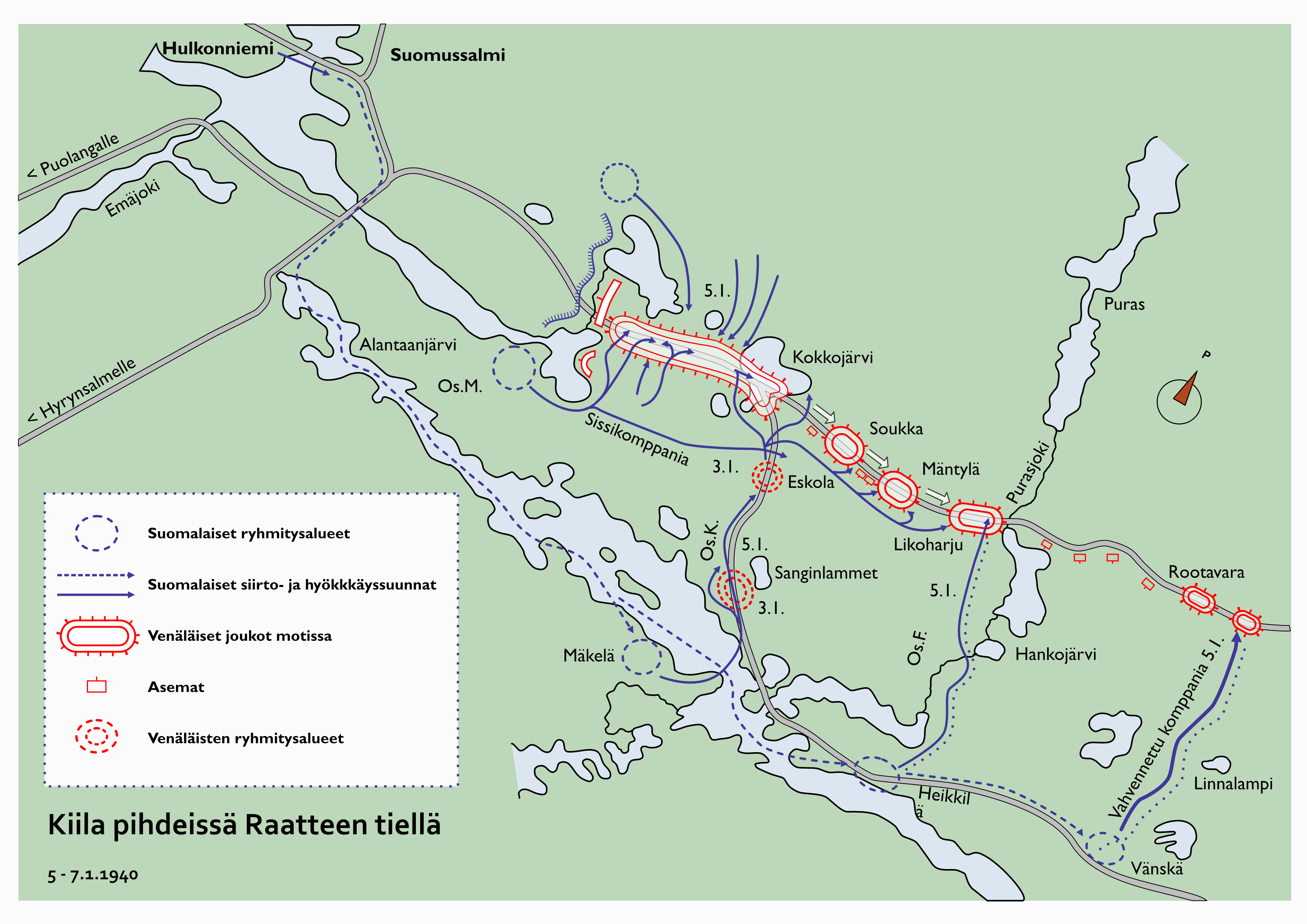 Kuvassa karttakuva, jossa on taktinen asetelma "kiila pihdeissä" Raatteen tiellä 1940. Kartassa merkintöjä punaisella ja sinisellä. 